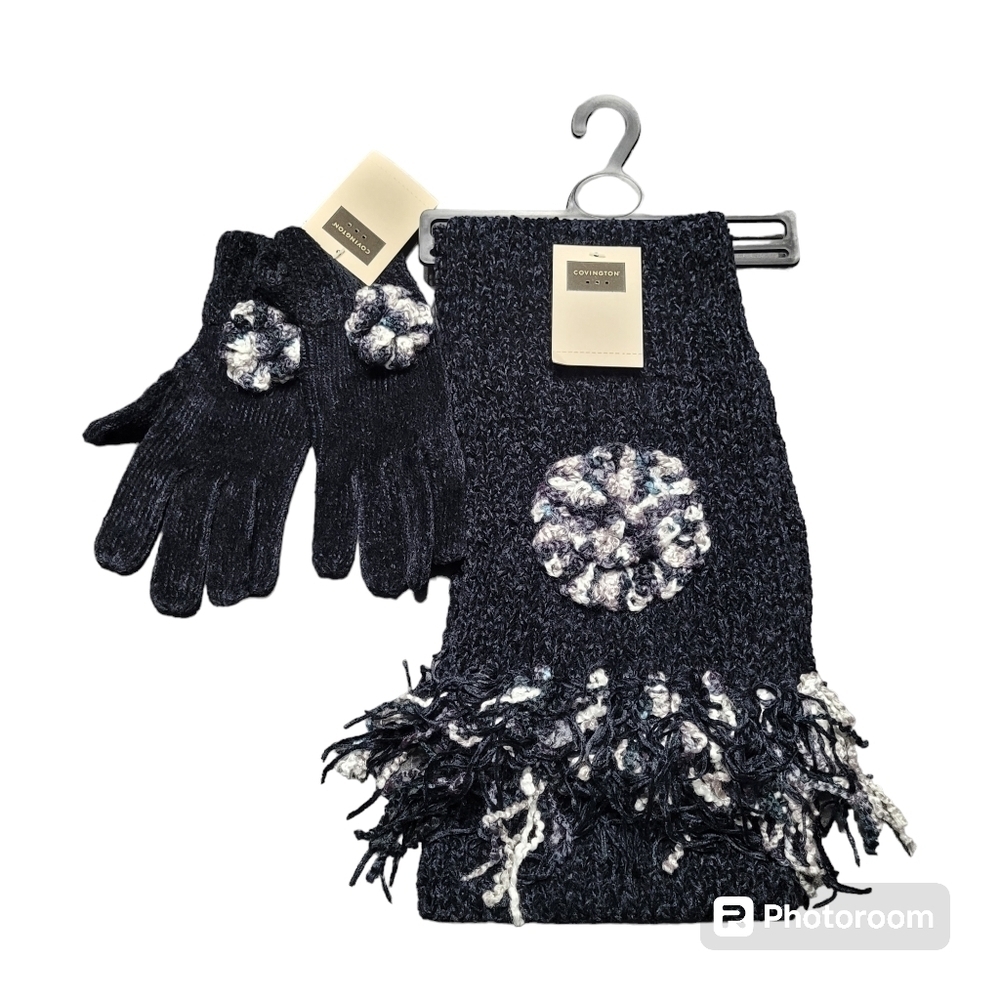 Covington Black‎ Knit Fringe Scarf And Glove Set O/S